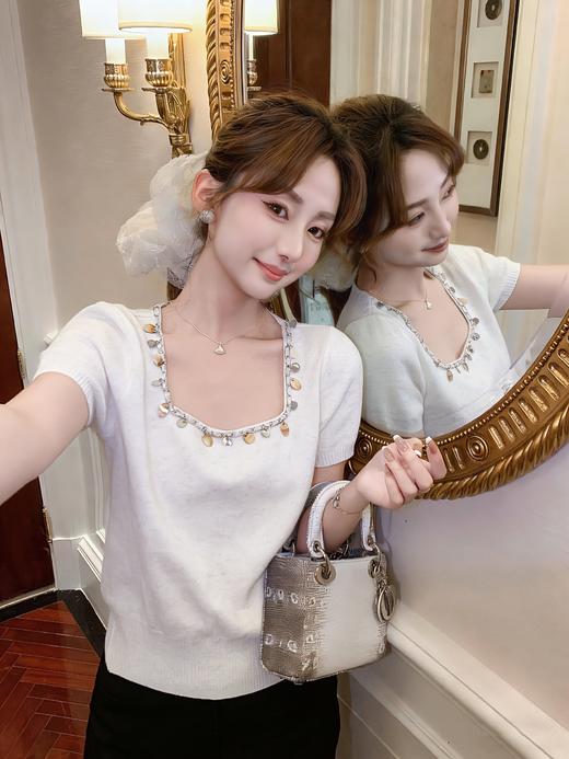 张心子【巴厘岛度假】方领显瘦度假风贝壳链条针织上衣 U2603007 商品图9