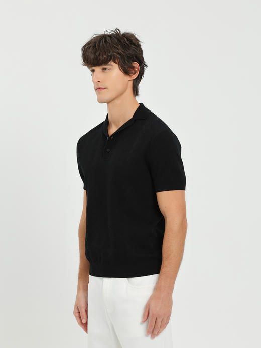 callisto黑色古巴领波浪蜂巢纹棉混纺T恤 商品图3