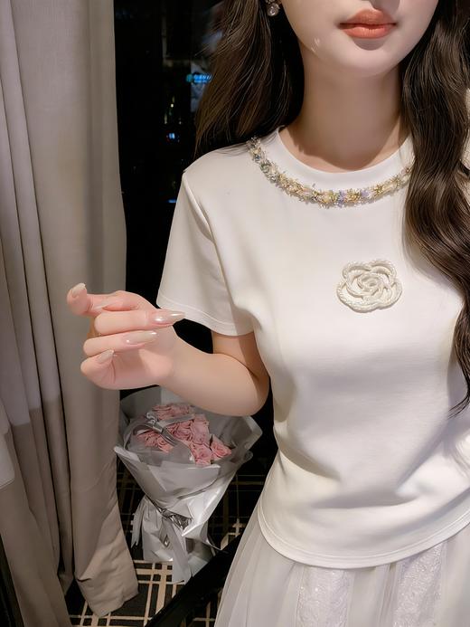 张心子【山茶栀意】圆领气质小香山茶花编织织带T恤上衣 U2603050 商品图10