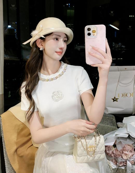 张心子【山茶栀意】圆领气质小香山茶花编织织带T恤上衣 U2603050 商品图7