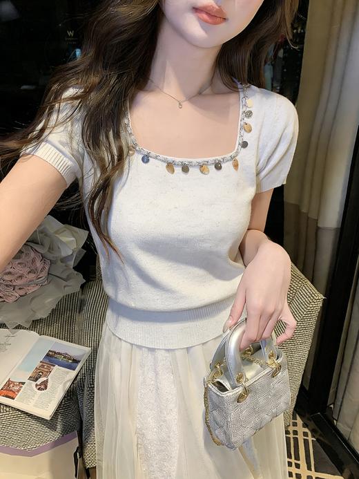 张心子【巴厘岛度假】方领显瘦度假风贝壳链条针织上衣 U2603007 商品图7