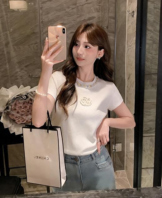 张心子【山茶栀意】圆领气质小香山茶花编织织带T恤上衣 U2603050 商品图9