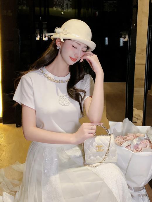 张心子【山茶栀意】圆领气质小香山茶花编织织带T恤上衣 U2603050 商品图1