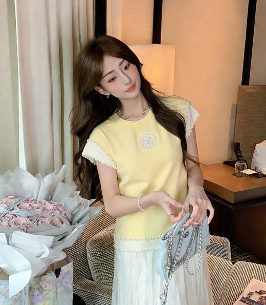 张心子【山茶栀意】圆领气质山茶花撞色花边上衣 U2603006 商品图3