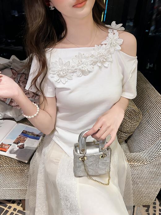 张心子【白芷鸢尾】露肩蕾丝拼接不规则显瘦T恤上衣 U2603012 商品图10