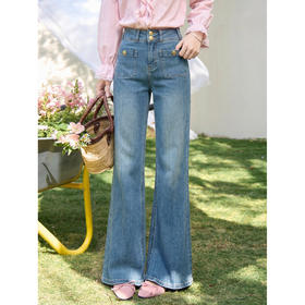 鹿向南「深海浅行」蓝色复古微喇牛仔裤女春高腰显瘦直筒宽松长裤