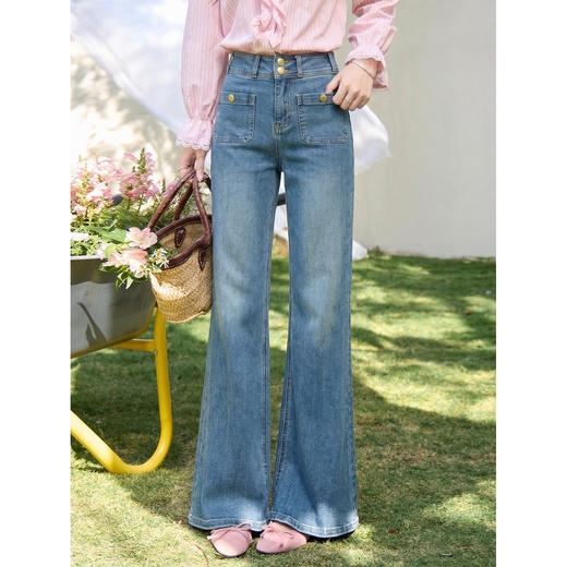 鹿向南「深海浅行」蓝色复古微喇牛仔裤女春高腰显瘦直筒宽松长裤 商品图0