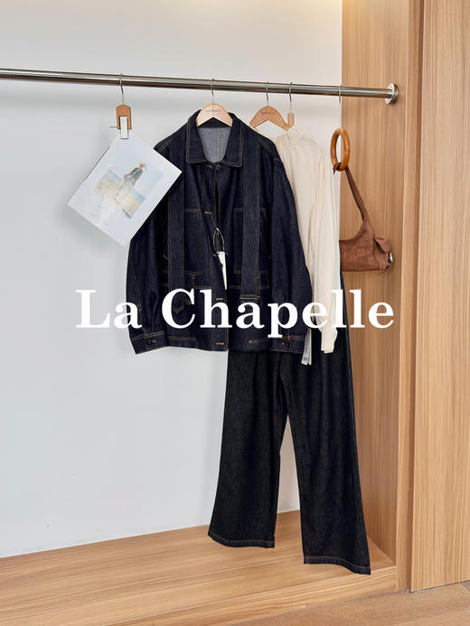 专柜实拍【轻奢风牛仔】拉夏贝尔/La Chapelle翻领口袋明线廓形设计配腰带时髦牛仔上衣气质老钱风外套 商品图0