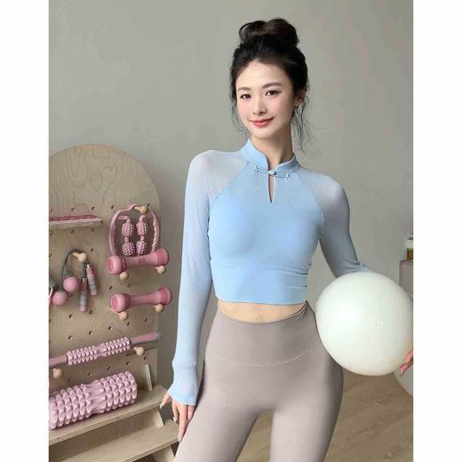 【新中式❗️网纱长袖瑜伽服】盘扣立领国风拉满，网纱透视纯欲感，普拉提/瑜伽都适配，短款露腰显比例，带胸垫普拉提上衣国风瑜伽服女L 商品图3