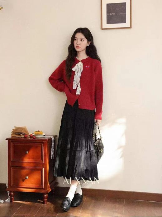 F0320149甜美俏皮红蕾丝蝴蝶结宽松落肩针织开衫毛衣 商品图8