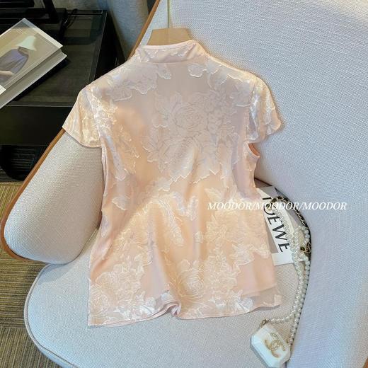 【7天内发出】新中式轻奢提花立领盘扣国风上衣 短袖衬衫复古上衣 商品图1