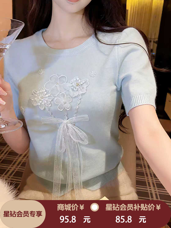 张心子【花与爱丽丝】圆领立体花蕾丝减龄软糯针织衫上衣 U2603041