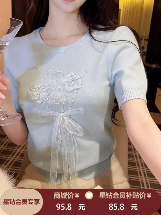 张心子【花与爱丽丝】圆领立体花蕾丝减龄软糯针织衫上衣 U2603041 商品图0