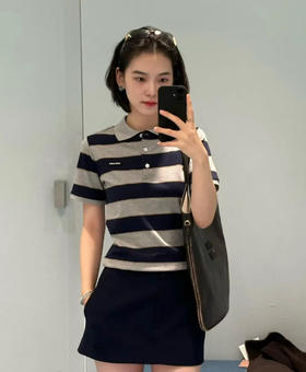 【xjwm1】早春款女士宽条纹经典翻领刺绣短袖polo衫！！
