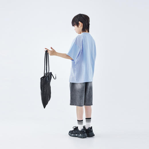 蓝汽水2026夏季新品男童条纹拼接上衣青少年凉感抗菌时尚短袖T恤 商品图4