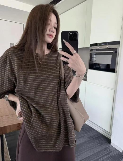 老米优品🎈3-5天！230g人棉面料！《纸片人 oversize 复古条纹宽松五分袖tee》人棉面料超舒服！软糯松弛巨显瘦~T260320A 商品图9