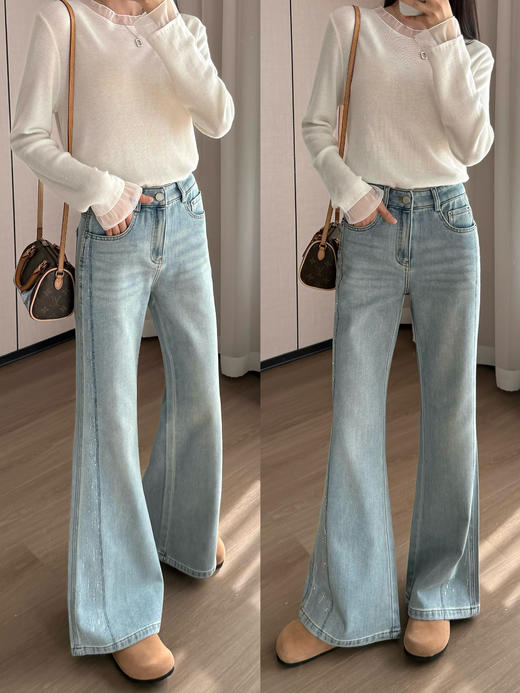 土耳其牛仔棉天丝莱赛尔垂顺烫钻微喇窄腿牛仔裤 商品图7