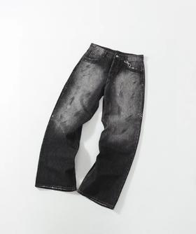 F032091泼墨涂鸦男女同款复古水洗做旧直筒微喇牛仔裤