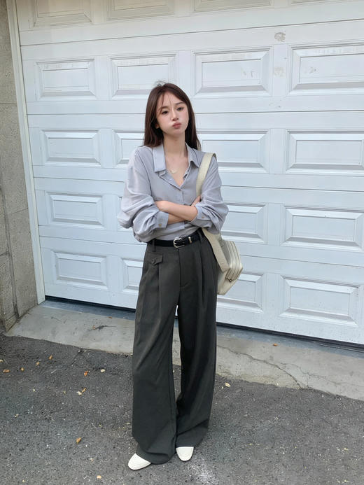 天猫同步【莱赛尔+棉】拉夏贝尔/La Chapelle一粒扣休闲裤女高腰腰带时尚宽松垂感直筒长裤 商品图5