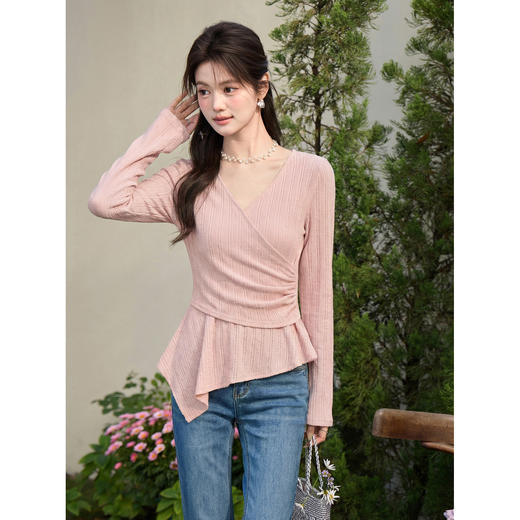 鹿向南「桃枝酿雪」粉红色轻薄长袖T恤女春季新款时尚设计感上衣 商品图2