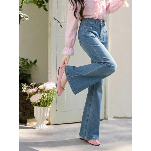 鹿向南「深海浅行」蓝色复古微喇牛仔裤女春高腰显瘦直筒宽松长裤 商品图1