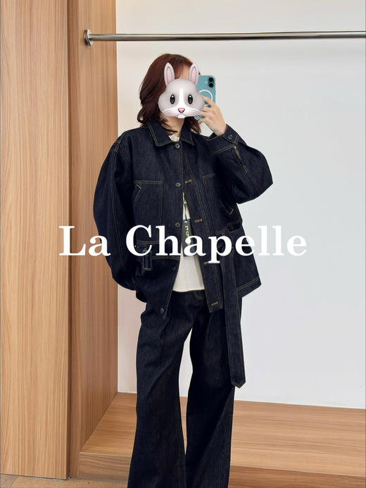 专柜实拍【轻奢风牛仔】拉夏贝尔/La Chapelle翻领口袋明线廓形设计配腰带时髦牛仔上衣气质老钱风外套 商品图1