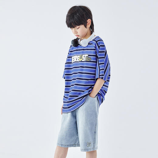 蓝汽水2026夏季新品男童条纹上衣青少年插肩休闲印花圆领短袖T恤 商品图2