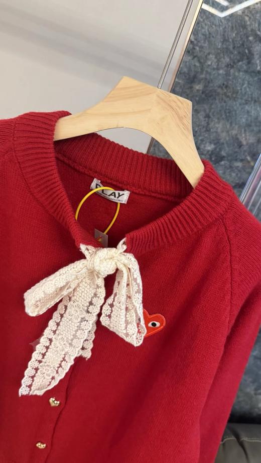 F0320149甜美俏皮红蕾丝蝴蝶结宽松落肩针织开衫毛衣 商品图2