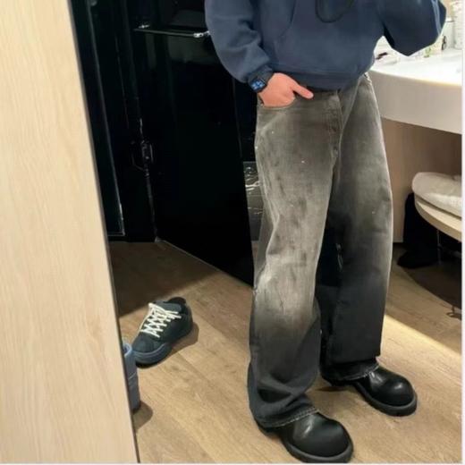 F032091泼墨涂鸦男女同款复古水洗做旧直筒微喇牛仔裤 商品图13