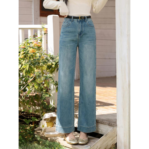 鹿向南「湛蓝海岸」蓝色宽松牛仔裤女夏高腰显瘦直筒宽松九分长裤 商品图0