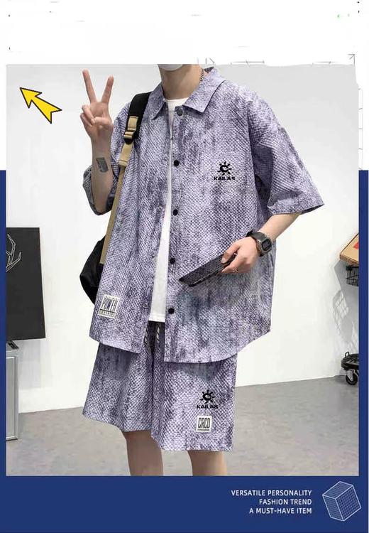 F0320129翻领复古国风短袖套装休闲纯色棉休闲运动两件套 商品图5