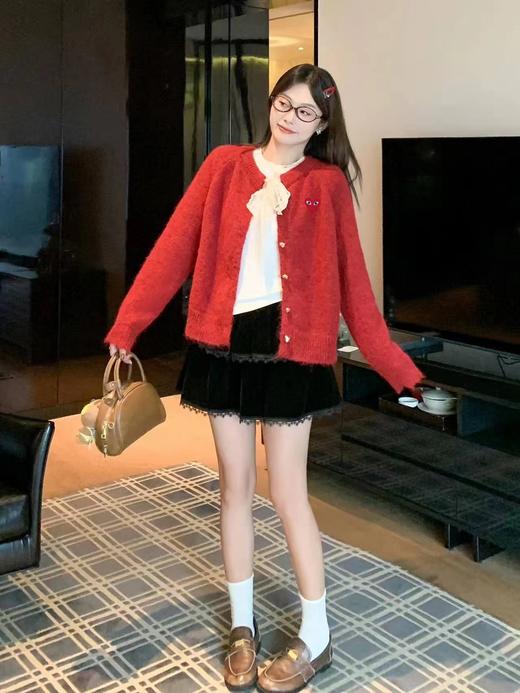 F0320149甜美俏皮红蕾丝蝴蝶结宽松落肩针织开衫毛衣 商品图9