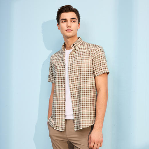 【棉混纺】德鲨短袖格子衬衫男青年2026夏季新款休闲上衣打底衬衣 商品图1