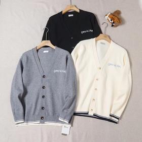 F032061休闲百搭V领排扣下摆条纹设计字母刺绣开衫