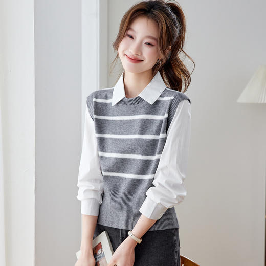 「自」全新升级【铂金会员183/天猫239/差价56】(83332)洛诗琳气质假两件拼接针织衫2026年春季新款时尚翻领上衣 商品图1