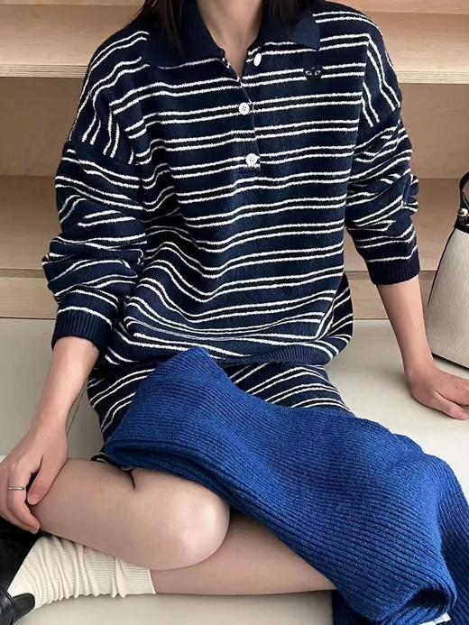 F032076休闲慵懒韩系通勤风宽松版型翻领半开襟纽扣条纹针织套装 商品图12