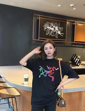 F0320134新款彩色鸟渐变印花宽松男女同款圆领纯棉短袖T恤