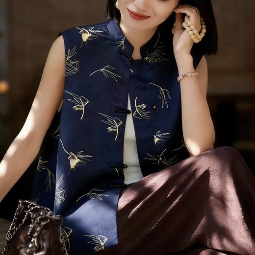 【HERA CHOLE】燕子竹叶撞色印花马甲 光泽感燕子印花中式国风 复古盘扣精致典雅 商品图1