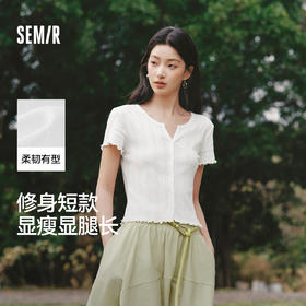 森马短袖T恤女夏季短款镂空提花肌理修身纯棉木耳边2026新款开衫