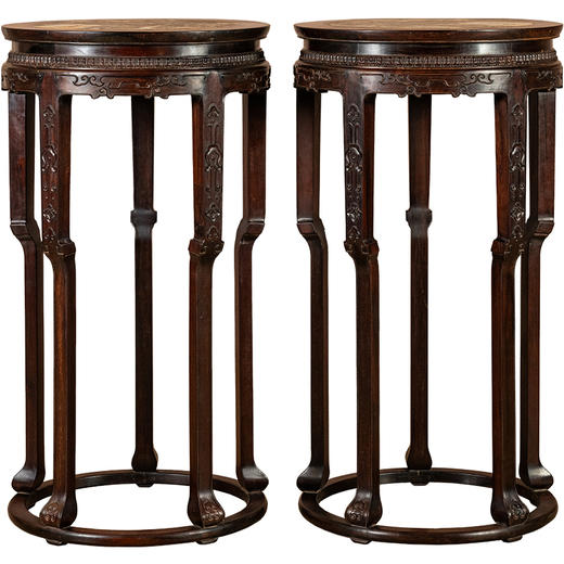 清	红木镶云石五足带托泥圆形高花几（一对） 商品图5