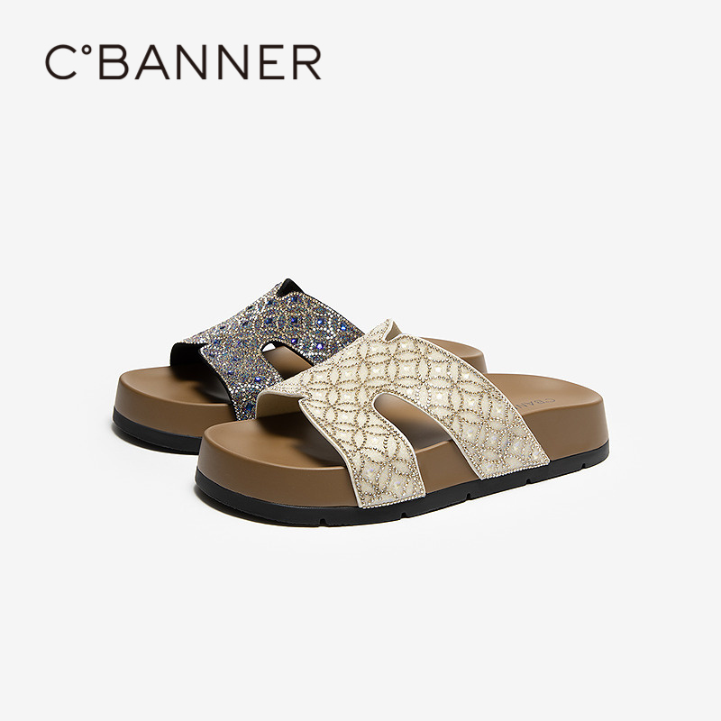 【上新】千百度钻面厚底露趾凉拖鞋女2026夏季新款外穿海边一字拖A26365270