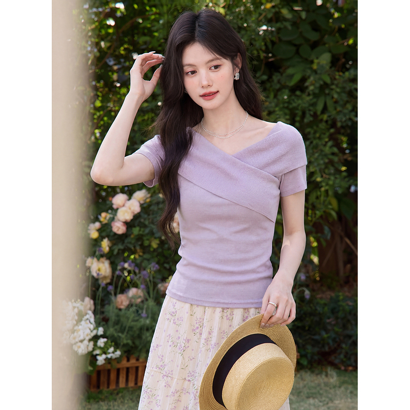 鹿向南「晚风叙信」莱赛尔紫色短袖T恤女夏法式收腰修身显瘦上衣