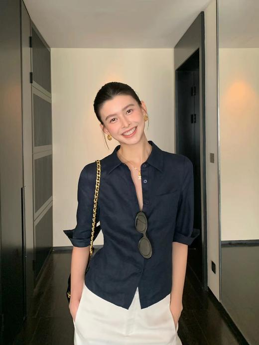 F0320121新款时髦老钱风亚麻中袖收腰显瘦气质通勤衬衫 商品图13