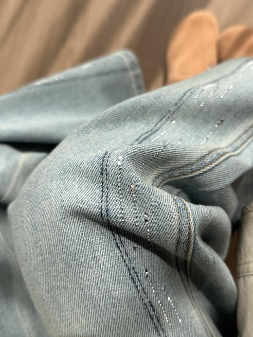 土耳其牛仔棉天丝莱赛尔垂顺烫钻微喇窄腿牛仔裤 商品图4