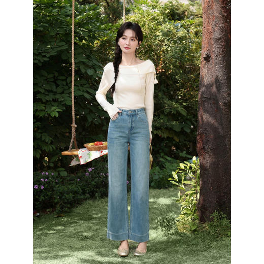 鹿向南「湛蓝海岸」蓝色宽松牛仔裤女夏高腰显瘦直筒宽松九分长裤 商品图2