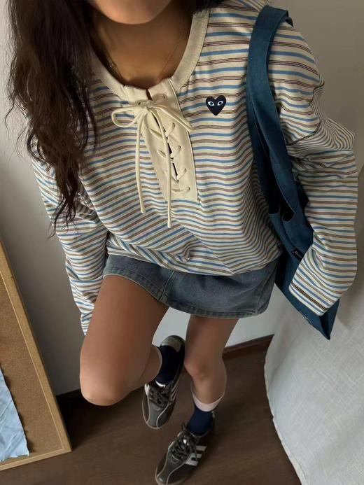 F032071清新复古宽松落肩版型彩条系带爱心刺绣长袖T恤 商品图10