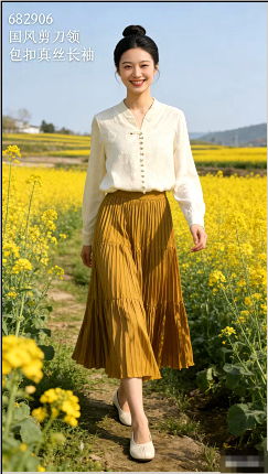 682906春款上新 剪刀领包扣真丝长袖