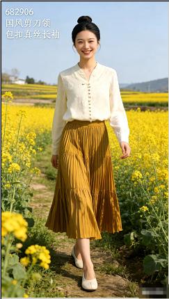 682906春款上新 剪刀领包扣真丝长袖 商品图0