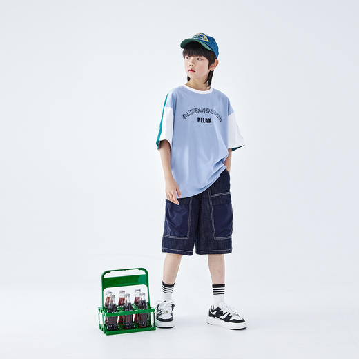 蓝汽水2026夏新款男童全棉撞色复古度假风上衣青少年字母短袖T恤 商品图1