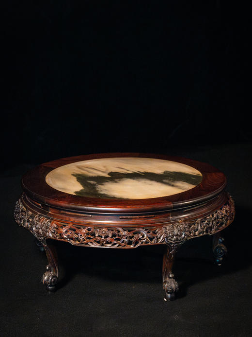 清	红木镶云石透雕花卉纹三弯腿五足圆炕桌 商品图1